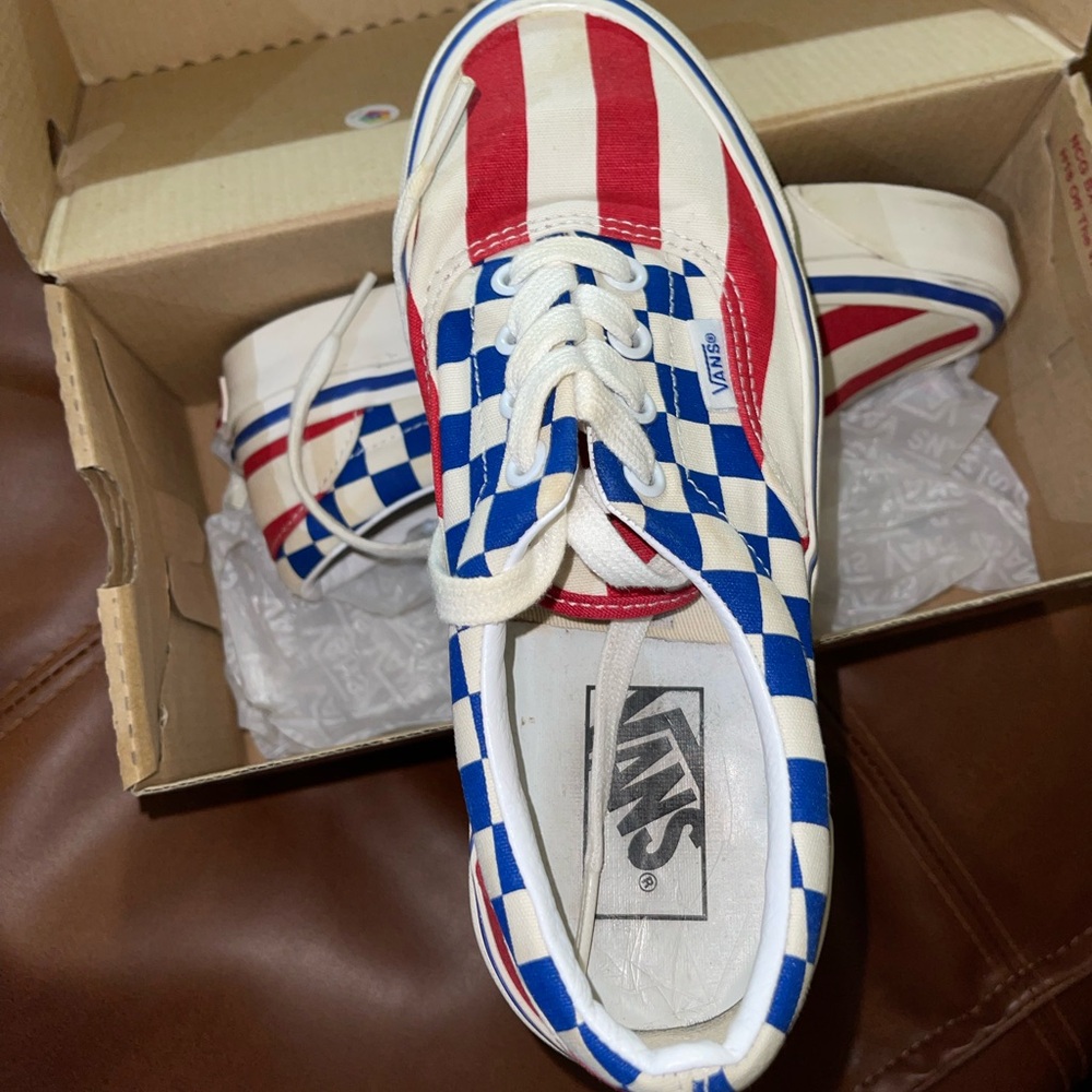 Vans Red and Blue Striped Checkered Sneakers